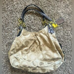 Coach Maggie Signature Op Art Tan Brown Sateen Shoulder Handbag